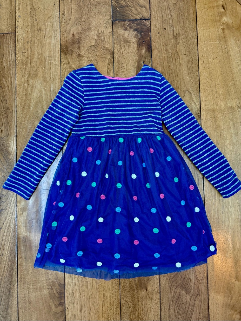 Mini Boden Girls 7-8 Blue Striped Tulle Polka Dot Dress